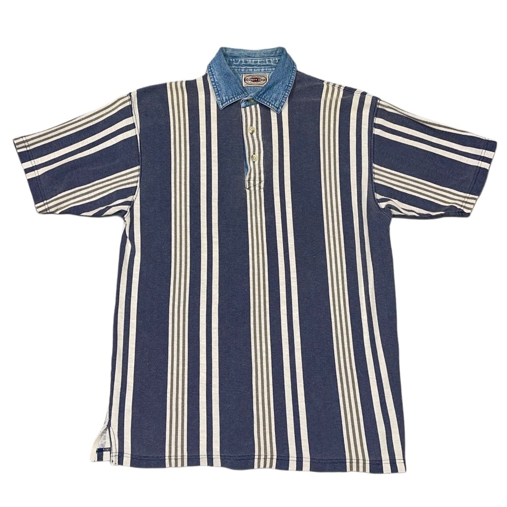 90s County Seat Navy Striped Polo with Denim Collar Sz Small